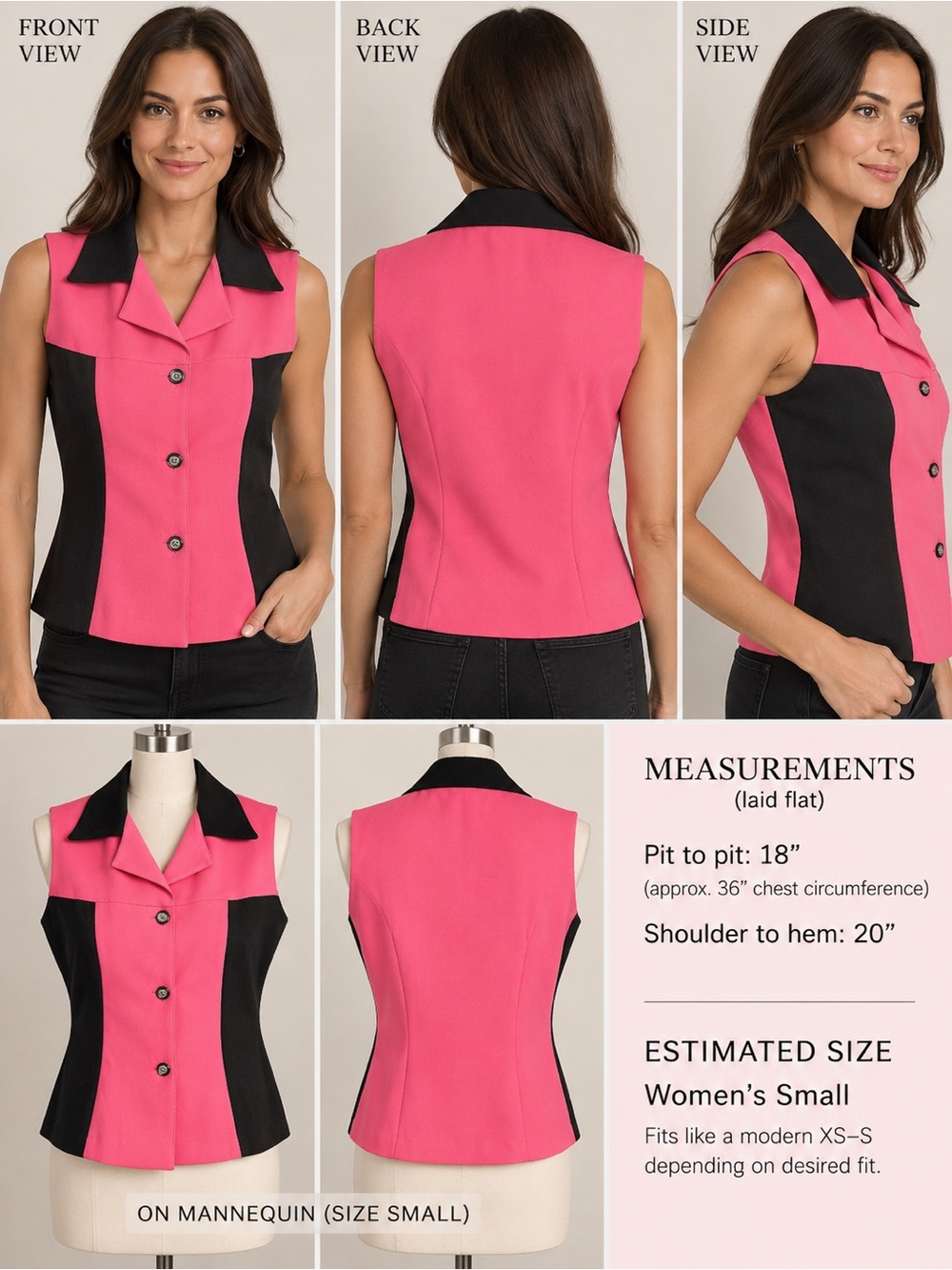Vintage Tundra 80s 90s Hot Pink Black Colorblock Sleeveless Blouse Top